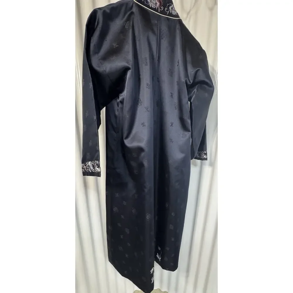 Vintage Chinese Kimono In Deep Navy Blue With Embroidery And Jacquard Size L